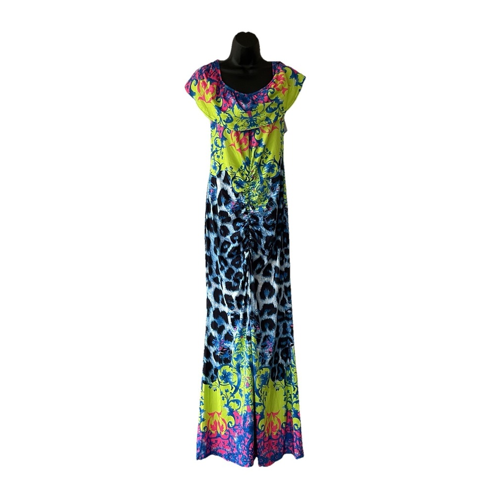 90's Colorful Sleeveless True Maxi Dress Neon Paisley Animal Print Sundress Sz L